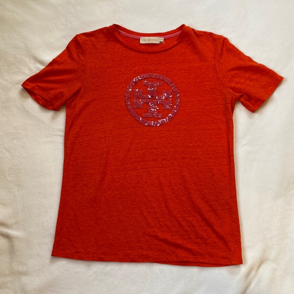 Tory Burch Linen T-shirt Orange with Pink Sequin Logo XS